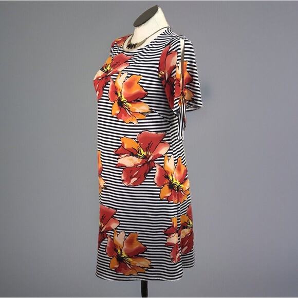 Perceptions Boho Dress Womens 8 Black Floral/Stripe Stretch Lightweight 3/4 SLV - Picture 5 of 10